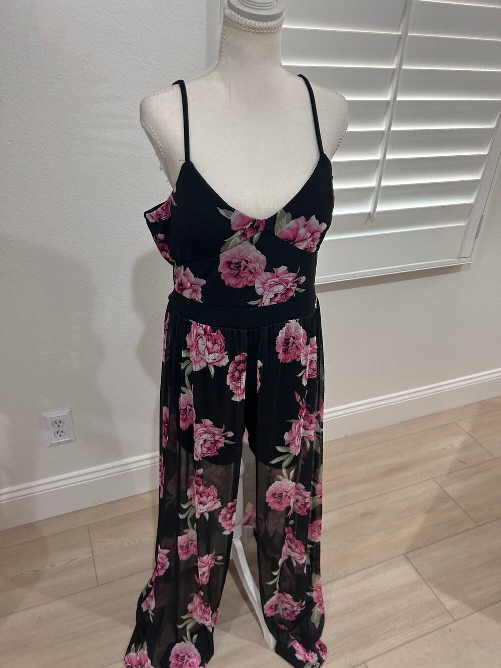 Maxi dress romper, No Boundaries, black shorts with pink floral print XL 15-17